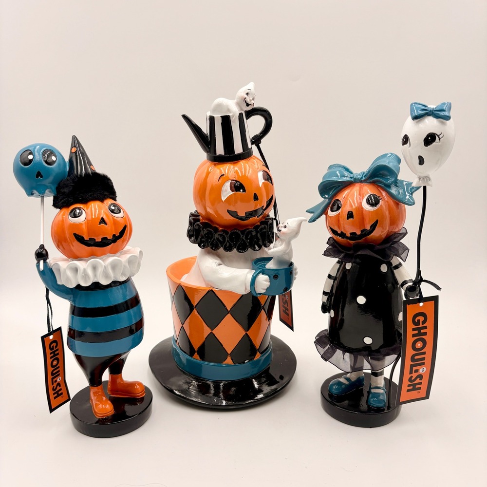 Ghoulish Vintage Style Halloween Pumpkin Figurines Set of 3 Retro Decor